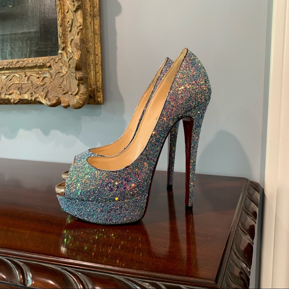 Christian Louboutin Multicolor Glitter Peep-Toe Platform Pumps